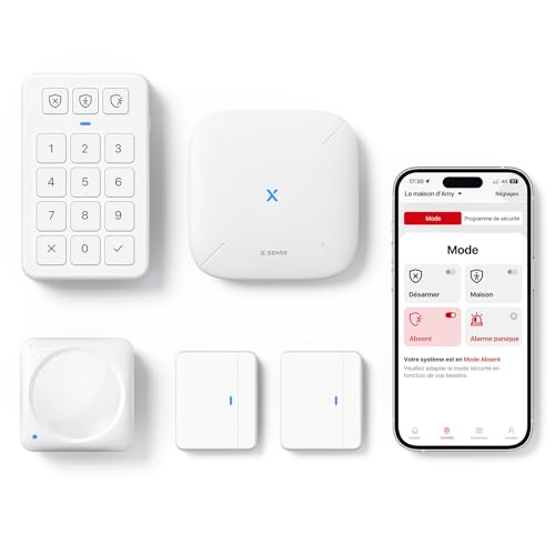 x sense alarme sans fil maison, système alarme maison sans fil, compatible avec alexa et alertes, comprend 1 station de base, 2 capteurs de porte, 1 détecteur de mouvement et 1 clavier, as05
