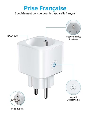 eightree prise connectée wifi, prise alexa programmable, compatible avec alexa/google home, smart life app, suivi de consommation, contrôler le ventilateur/climatiseur, 2,4 ghz wi fi, 16a 3680w, 4pcs