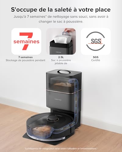 roborock q5 pro+ aspirateur robot avce base, duoroller, vidage automatique, 5500pa, 2.5l sac à poussière, 180ml réservoir, robot aspirateur sans fil, navigation lidar precisense, app noir
