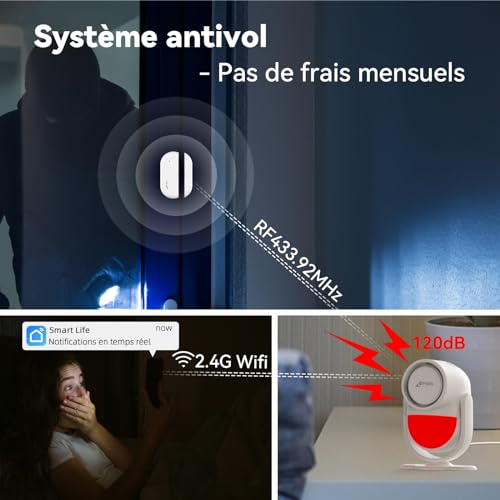 cpvan alarme maison sans fil, 2.4ghz wifi pir détecteur de mouvement avec alertes app,9 pièces pir alarme hôte,6 capteurs de porte/fenêtre,2 télécommandes