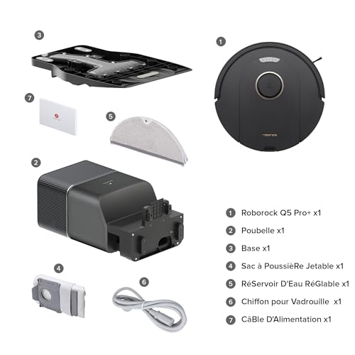 roborock q5 pro+ aspirateur robot avce base, duoroller, vidage automatique, 5500pa, 2.5l sac à poussière, 180ml réservoir, robot aspirateur sans fil, navigation lidar precisense, app noir