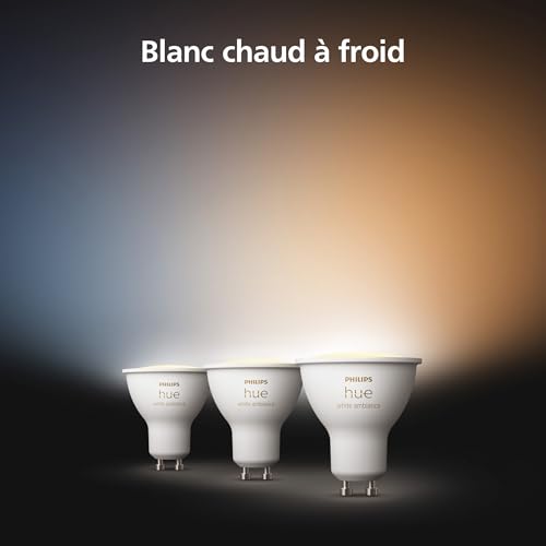 philips hue white ambiance, lot de 3 ampoules connectée gu10, lumière blanche réglable de chaud à froid, compatible bluetooth, contrôle vocal avec alexa, apple home et google assistant