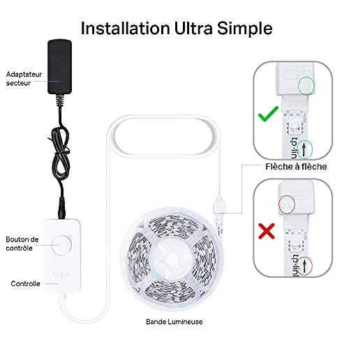 tapo ruban led connecté wifi rgb 5m, bande led chambre multicolore, haute luminosité et durable, contrôle via wifi app, commande vocale, compatible avec alexa et google home, tapo l900 5