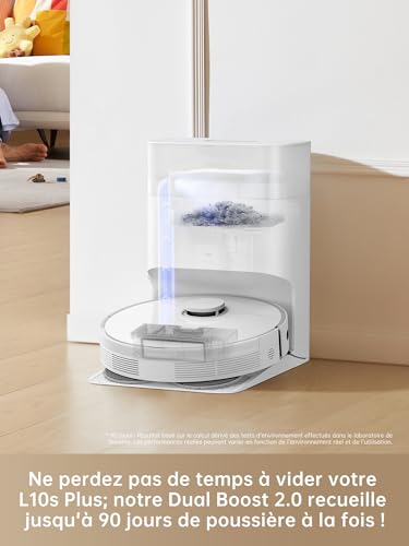 dreame l10s plus robot aspirateur laveur avec vidage automatique, stocke jusqu'à 90 jours de poussière, aspiration de 7 000 pa, serpillières à levage automatique, compatible avec siri/dreamehome