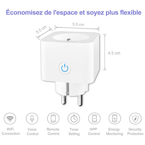 antela prise connectée alexa française 16a 3680w mesure de consommation Électrique type e, prise intelligente avec google home,smart life app contrôle, horaires et minuterie, 4pcs blanc