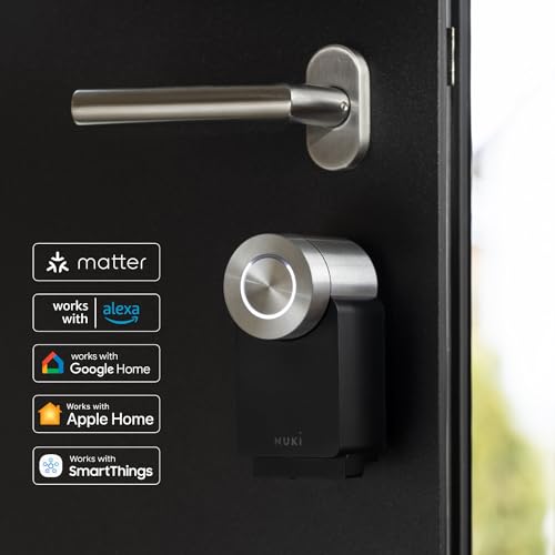 nuki smart lock pro (4è génération), serrure smart avec avec wi fi et matter pour accès à distance, la serrure électronique transforme votre smartphone en clé, avec power pack, noir