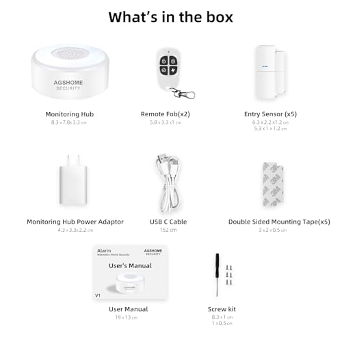 agshome alarme maison sans fil intelligent wifi alarme de porte, 1 alarme avec sirène, 5 capteurs de fenêtre et de porte, 2 télécommande, compatible avec alexa, google assistant