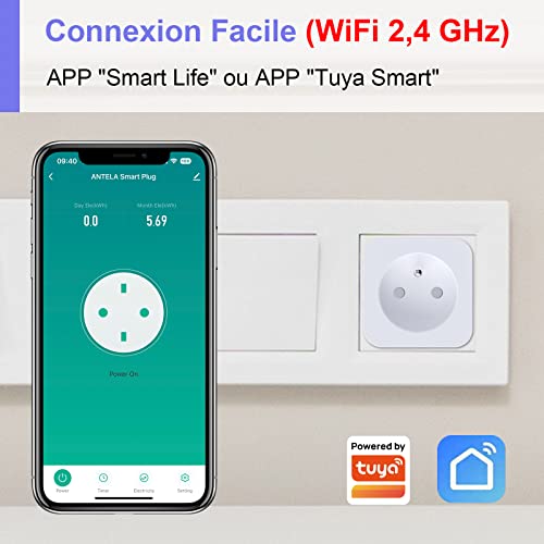 antela prise connectée alexa française 16a 3680w mesure de consommation Électrique type e, prise intelligente avec google home,smart life app contrôle, horaires et minuterie, 4pcs blanc