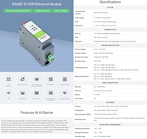waveshare rs485 to wifi/ethernet module rail mount serial server modbus mqtt gateway supports transparent transmission mode