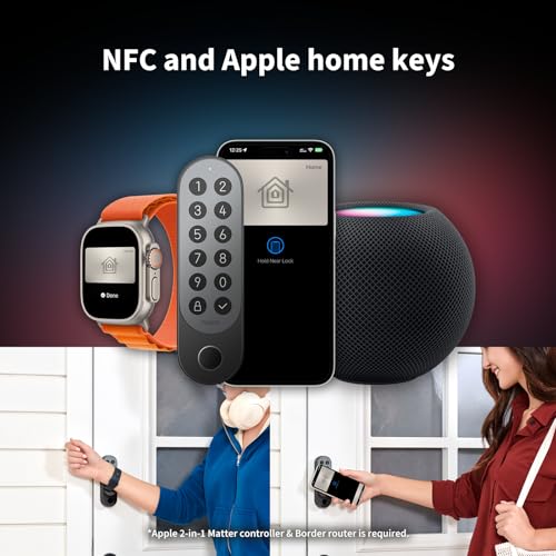 aqara serrure connectée u200 avec clavier à empreinte digitale, matter sur thread, accès avec clé apple home, serrure porte avec batterie rechargeable, compatible apple home, google home, alexa, noir