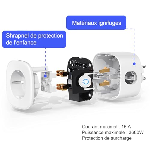 antela prise connectée alexa française 16a 3680w mesure de consommation Électrique type e, prise intelligente avec google home,smart life app contrôle, horaires et minuterie, 4pcs blanc