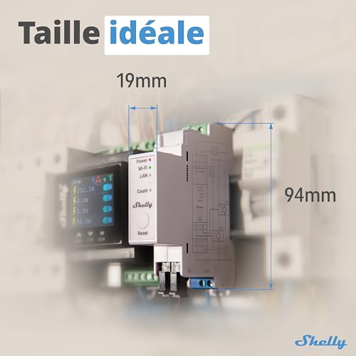 shelly pro em 50a | compteur électrique monophasé | sortie à impulsions | 2 canaux | lan, wi fi & bluetooth | commande contacteurs | compatible alexa & google home | app ios android