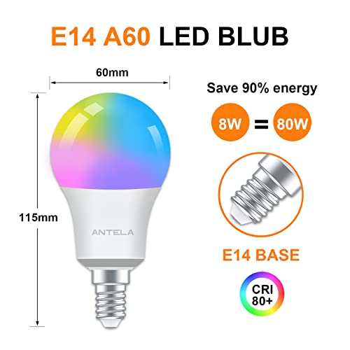 antela ampoule connectée wifi e14 a60 9w ampoule led intelligente rgb+cct 2700k 6500k compatible avec alexa, google home, commande vocale, 2 pcs