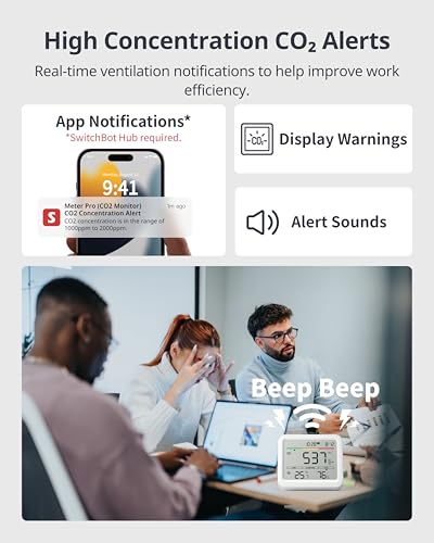 switchb détecteur de co2, station meteo avec alarme co2, thermomètre connecté avec application, bluetooth station meteo interieur exterieur sans fil, switchbot hub requis