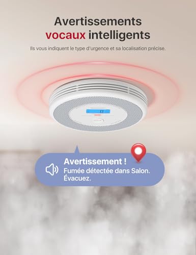 x sense détecteur de fumée et de monoxyde de carbone connecté avec fonction d’alerte vocale en français, détecteur de fumée wi fi compatible avec x sense home security app, xp0a ir, lot de 1