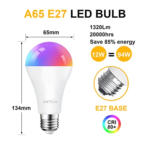 antela ampoule connectée wifi e27 a65 12w 1320lm led intelligente rgb+cct 2700k 6500k compatible avec alexa, google home, commande vocale, 2 pcs