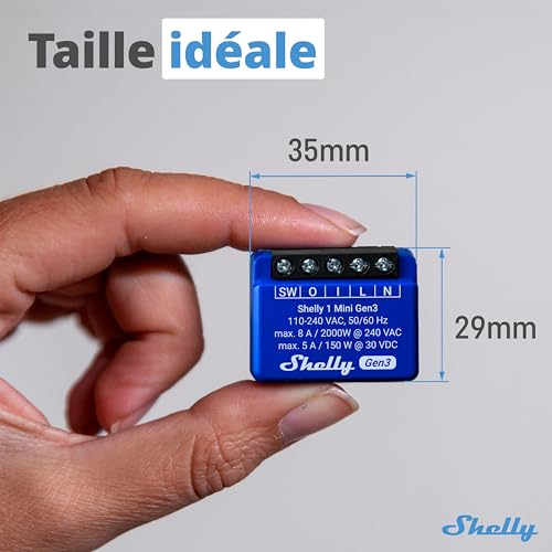 shelly 1 mini gen3 mini relais interrupteur sans fil, contacts secs, wi fi & bluetooth, 1 canal 8a, commande portail, lumières, alexa & google home, app ios android, sans hub (lot de 2)