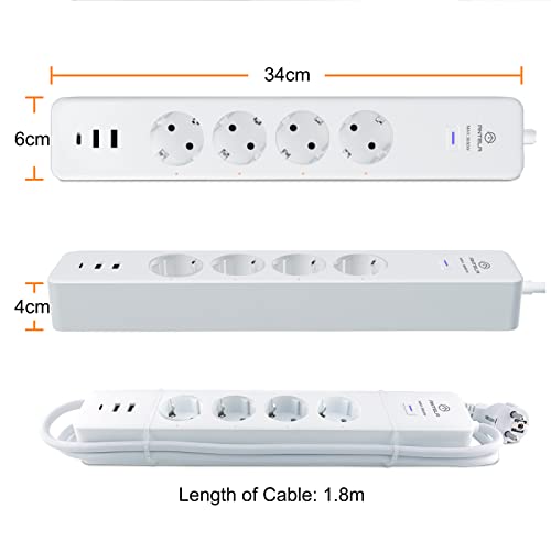 antela multiprise connectée wifi 16a prise intelligente 4 prises 2 usb/1 type c, mesure de consommation Électrique, compatible avec alexa/google home, contrôle app/vocal, fonction de temps, 1,8m
