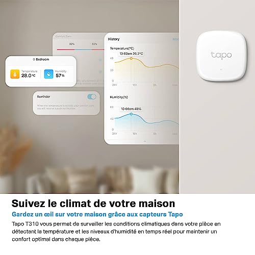 tapo détecteur de température et d'humidité connecté tapo t310, durée de vie de la batterie de 1 an et plus, notification d'application instantanée, tapo hub requis