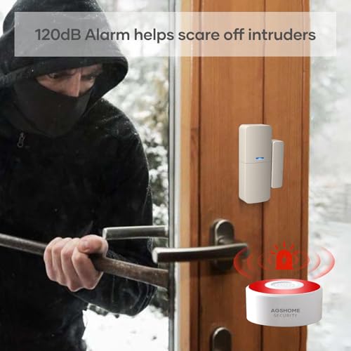 agshome alarme maison sans fil intelligent wifi alarme de porte, 1 alarme avec sirène, 5 capteurs de fenêtre et de porte, 2 télécommande, compatible avec alexa, google assistant