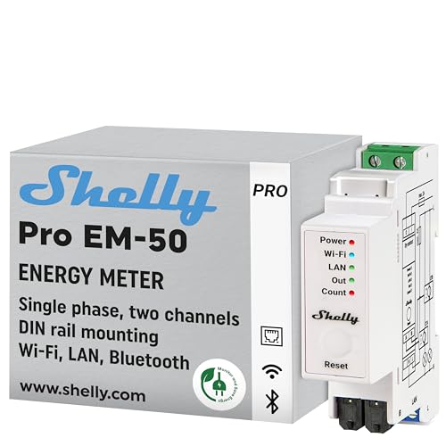 shelly pro em 50a | compteur électrique monophasé | sortie à impulsions | 2 canaux | lan, wi fi & bluetooth | commande contacteurs | compatible alexa & google home | app ios android