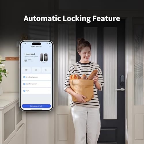 aqara serrure connectée u200 avec clavier à empreinte digitale, matter sur thread, accès avec clé apple home, serrure porte avec batterie rechargeable, compatible apple home, google home, alexa, noir