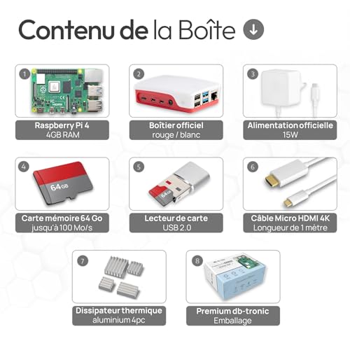 raspberry pi 4 4 go starter kit | alimentation usb c 15w | boîtier | carte sd 64gb | câble 4k micro hdmi | kit dissipateur thermique