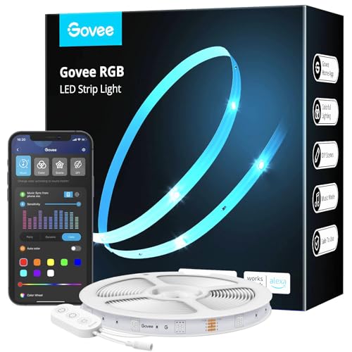 govee rubans led 5m, bandes wifi rgb, contrôle intelligent par app, fonctionne avec alexa et google assistant, synchronisation musique, 64 scènes, lmières led diy pour chambre, cuisine, fête, salon