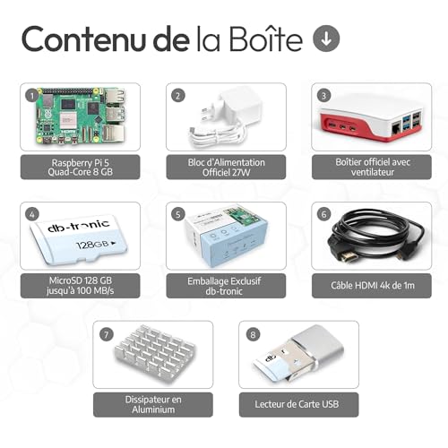 raspberry pi 5 8 go starter set | microsd de 128 go | alimentation usb c 27 w | boîtier avec ventilateur | 4k câble micro hdmi 1 m | dissipateur de chaleur | raspberry pi 5 8 go
