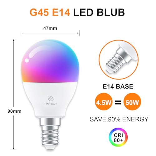 antela ampoule connectée wifi g45 e14 4.5w ampoule led intelligente rgb+cct 2700k 6500k compatible avec alexa, google home, télécommande, commande vocale, 4 pcs