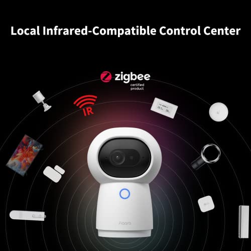aqara 2k pt camera interieur wifi 2,4/5 ghz hub g3, reconnaissance du visage et des gestes, télécommande infrarouge, camera 360°, fonctionne avec homekit secure video, alexa, google assistant, ifttt