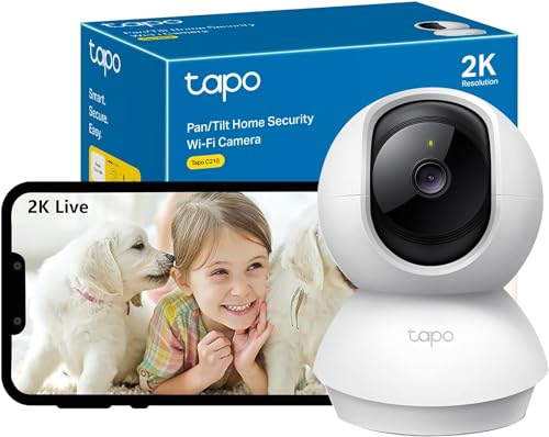tapo 2k(3mp) caméra surveillance wifi intérieure 360° c210, vision nocturne, notifications en temps réel, détection de personne, suivi de mouvement, télécommande, compatible avec alexa