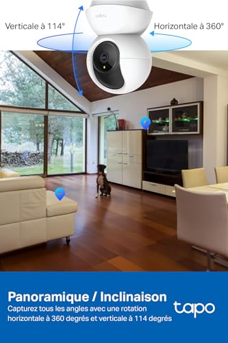 tapo 2k(3mp) caméra surveillance wifi intérieure 360° c210, vision nocturne, notifications en temps réel, détection de personne, suivi de mouvement, télécommande, compatible avec alexa