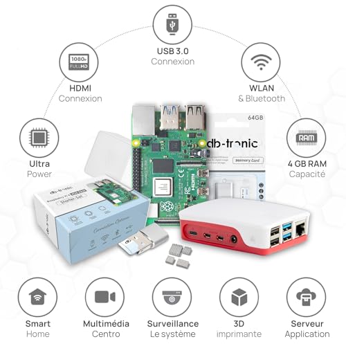 raspberry pi 4 4 go starter kit | alimentation usb c 15w | boîtier | carte sd 64gb | câble 4k micro hdmi | kit dissipateur thermique