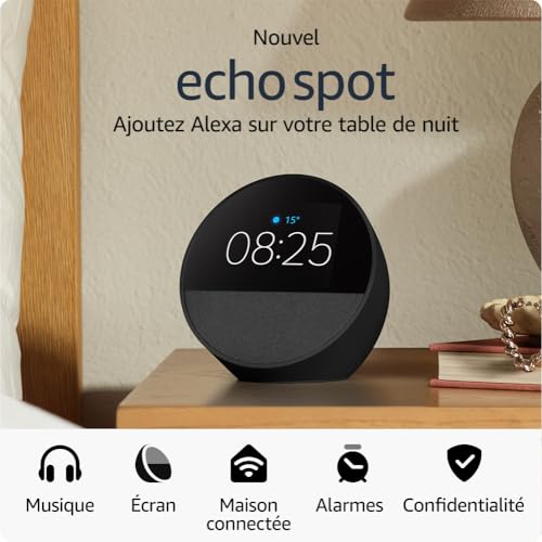 nouvel amazon echo spot (modèle 2024) | réveil connecté avec un son de qualité et alexa | noir