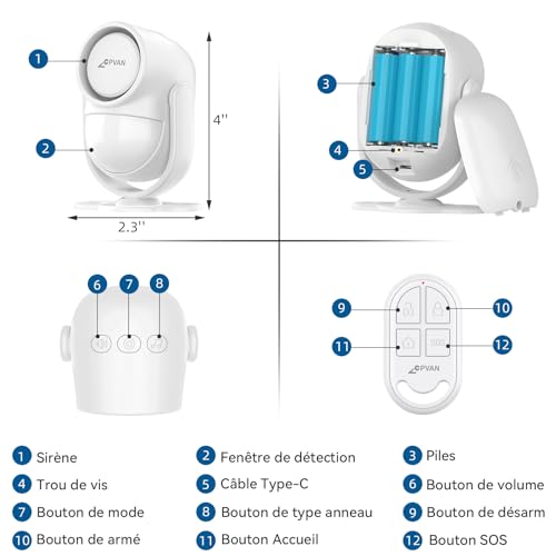cpvan alarme maison sans fil, 2.4ghz wifi pir détecteur de mouvement avec alertes app,9 pièces pir alarme hôte,6 capteurs de porte/fenêtre,2 télécommandes