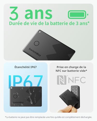 switchbot carte de suivi, smart airtag card compatible avec apple find my (ios uniquement), localisateurs d'objets pour clés, téléphones, bagages, jusqu'à 3 ans d'autonomie, résistant à l'eau ip67