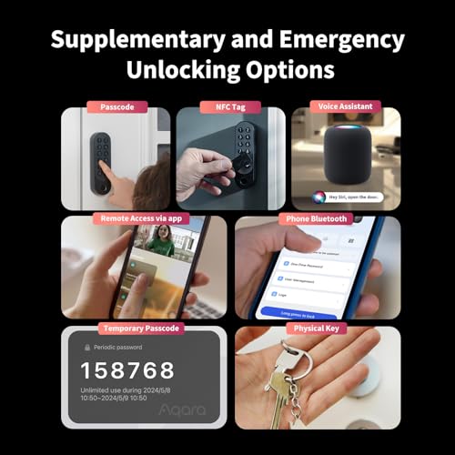 aqara serrure connectée u200 avec clavier à empreinte digitale, matter sur thread, accès avec clé apple home, serrure porte avec batterie rechargeable, compatible apple home, google home, alexa, noir