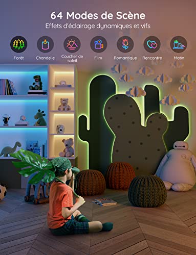 govee rubans led 5m, bandes wifi rgb, contrôle intelligent par app, fonctionne avec alexa et google assistant, synchronisation musique, 64 scènes, lmières led diy pour chambre, cuisine, fête, salon