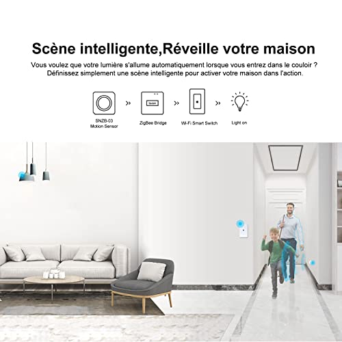 sonoff snzb 03 détecteur de mouvement zigbee, détecteur de mouvement sans fil permettant de recevoir des alertes ou de déclencher des lumières à allumer, sonoff pont zigbee requis, piles incluses