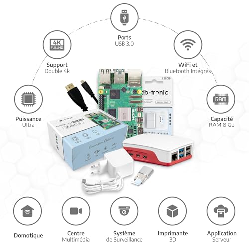 raspberry pi 5 8 go starter set | microsd de 128 go | alimentation usb c 27 w | boîtier avec ventilateur | 4k câble micro hdmi 1 m | dissipateur de chaleur | raspberry pi 5 8 go