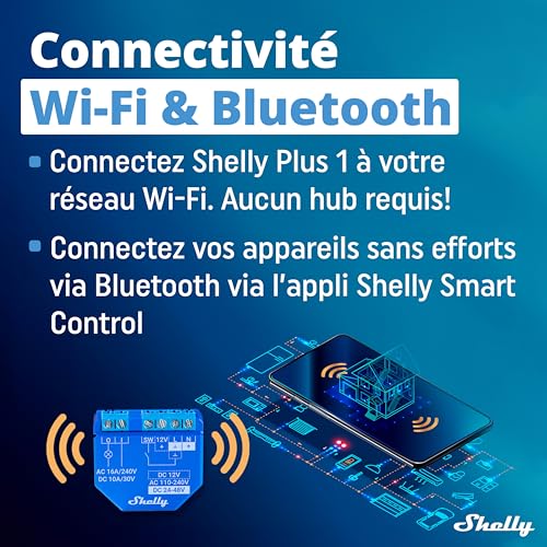 shelly plus 1 relais interrupteur connecté 16a, wi fi & bluetooth, contacts secs, commande à distance porte de garage, éclairage, alexa & google home, app ios android, aucun hub requis