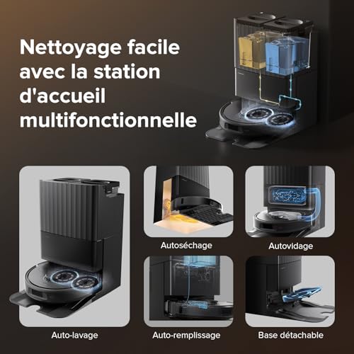 roborock qrevo s set aspirateur robot hyperforce 7000pa avec brosse anti enchevêtrements en caoutchouc, aspirateur laveur 200 tr/min double serpillière rotative relevable 10mm, multi station
