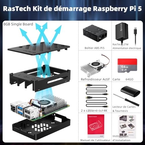 rastech raspberry pi 5 8go kit 64go edition avec active cooler,alimentation 27w 5.1v5a usb c,pi5 8go board,kit lecteur de carte 64go,boîtier pi 5,double 4k câbles de micro hd out,manuel d'utilisation