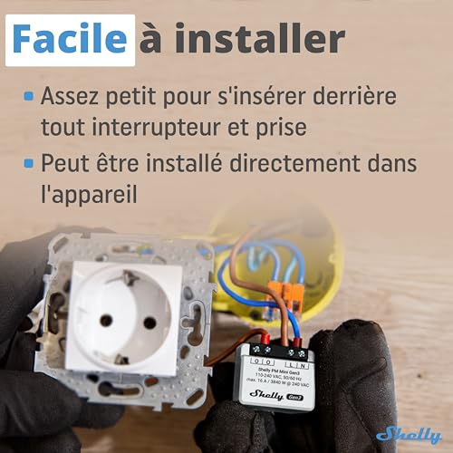 shelly pm mini gen3 micromodule compteur de consommation connecté, wi fi & bluetooth, 1 canal 16a, commande à distance, application android, aucun hub requis