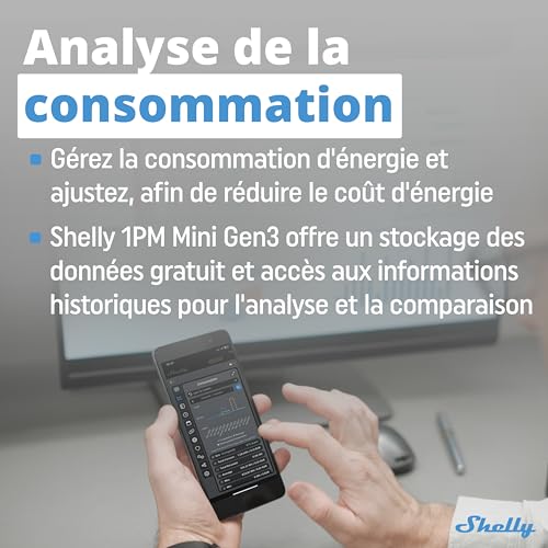 shelly 1pm mini gen3 micromodule relais interrupteur connecté wi fi & bluetooth, compteur de consommation, commande à distance, 1 canal 8a, alexa & google home, app ios, android (lot de 2)