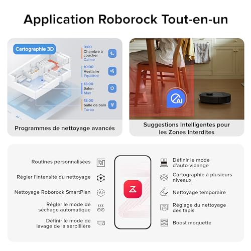 roborock qrevo s set aspirateur robot hyperforce 7000pa avec brosse anti enchevêtrements en caoutchouc, aspirateur laveur 200 tr/min double serpillière rotative relevable 10mm, multi station