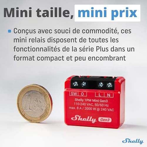 shelly 1pm mini gen3 micromodule relais interrupteur connecté wi fi & bluetooth, compteur de consommation, commande à distance, 1 canal 8a, alexa & google home, app ios, android (lot de 2)