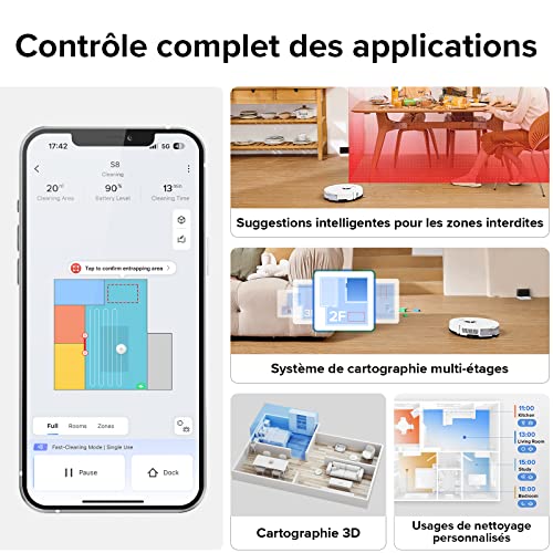 roborock s8 aspirateur robot laveur 6000pa brosse double avec Évitement d'obstacles par lumière structurée 3d, wifi/alexa/app, pour le idéal nettoyage des tapis & des cheveux (mise à niveau du s7)
