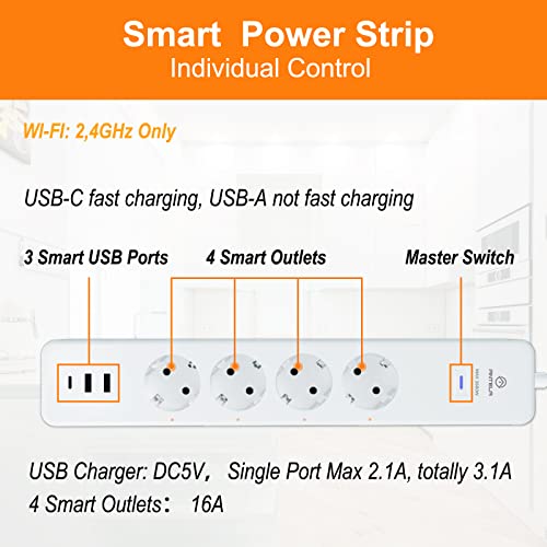antela multiprise connectée wifi 16a prise intelligente 4 prises 2 usb/1 type c, mesure de consommation Électrique, compatible avec alexa/google home, contrôle app/vocal, fonction de temps, 1,8m